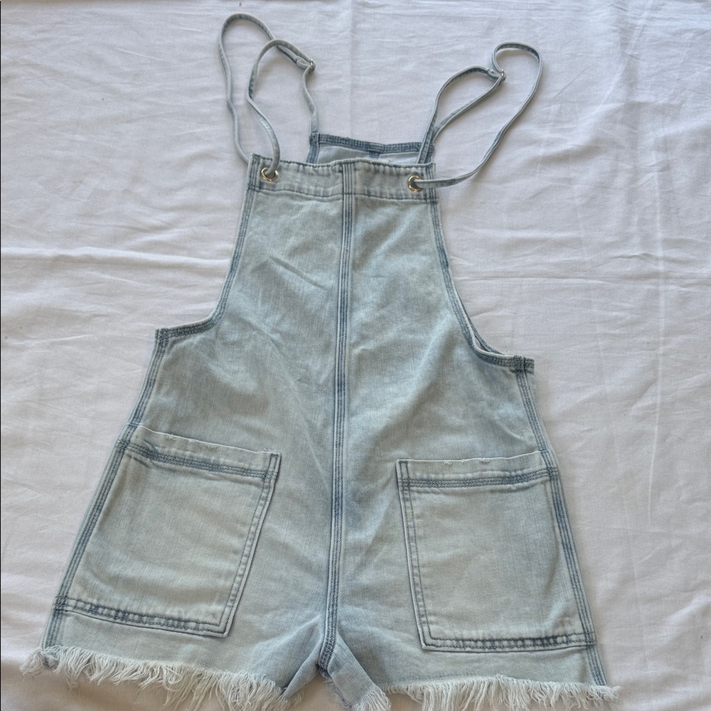 aerie Light Wash Denim Short Overalls